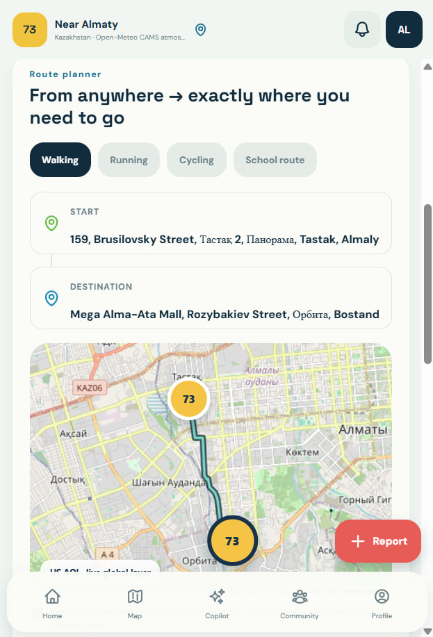 Mitair route planner showing a walking route across Almaty