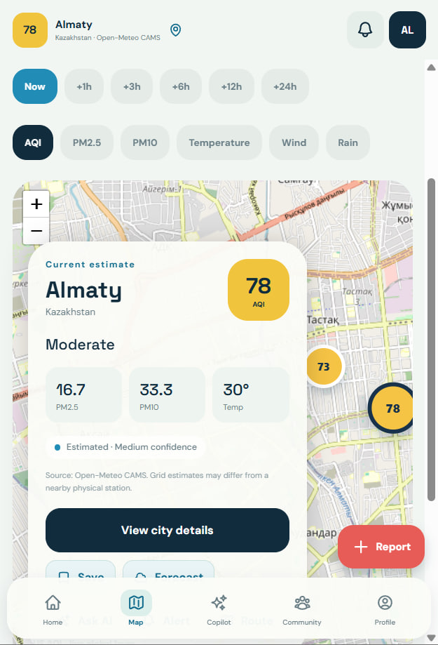 Mitair live air-quality map for Almaty